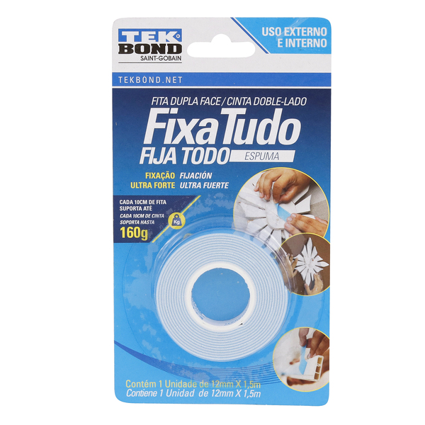 Fita Fixa Tudo Espuma Branca 12mm x 1,5m Tekbond